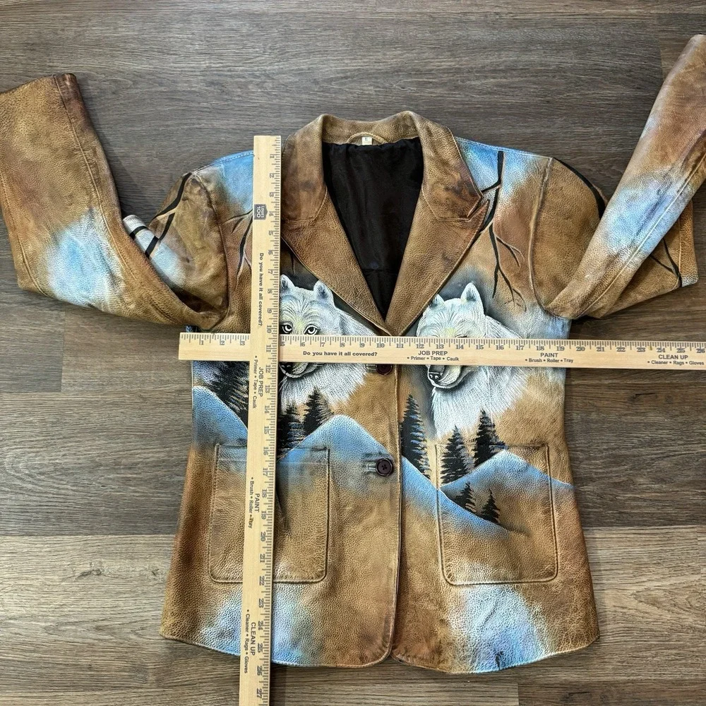 VTG Hand Painted Wolf Alaska Nature Brown Faux Leather Jacket Tagged Size XL - Picture 6 of 9